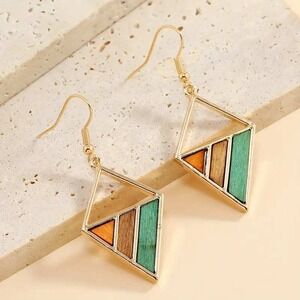 Geometric Dangle‎ Earrings Wood Inlay Diamond Shape Boho Fashion Jewelry
